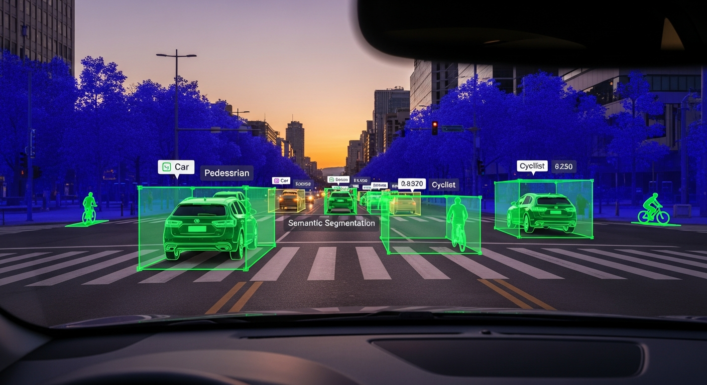 Computer vision CNN analyzing street scene with object detection bounding boxes and semantic segmentation