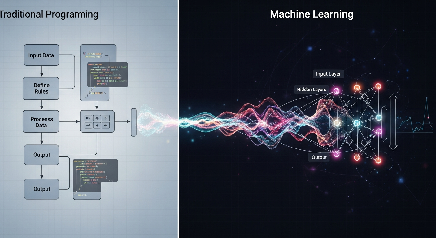 Machine learning neural network diagram with data flowing through AI model layers