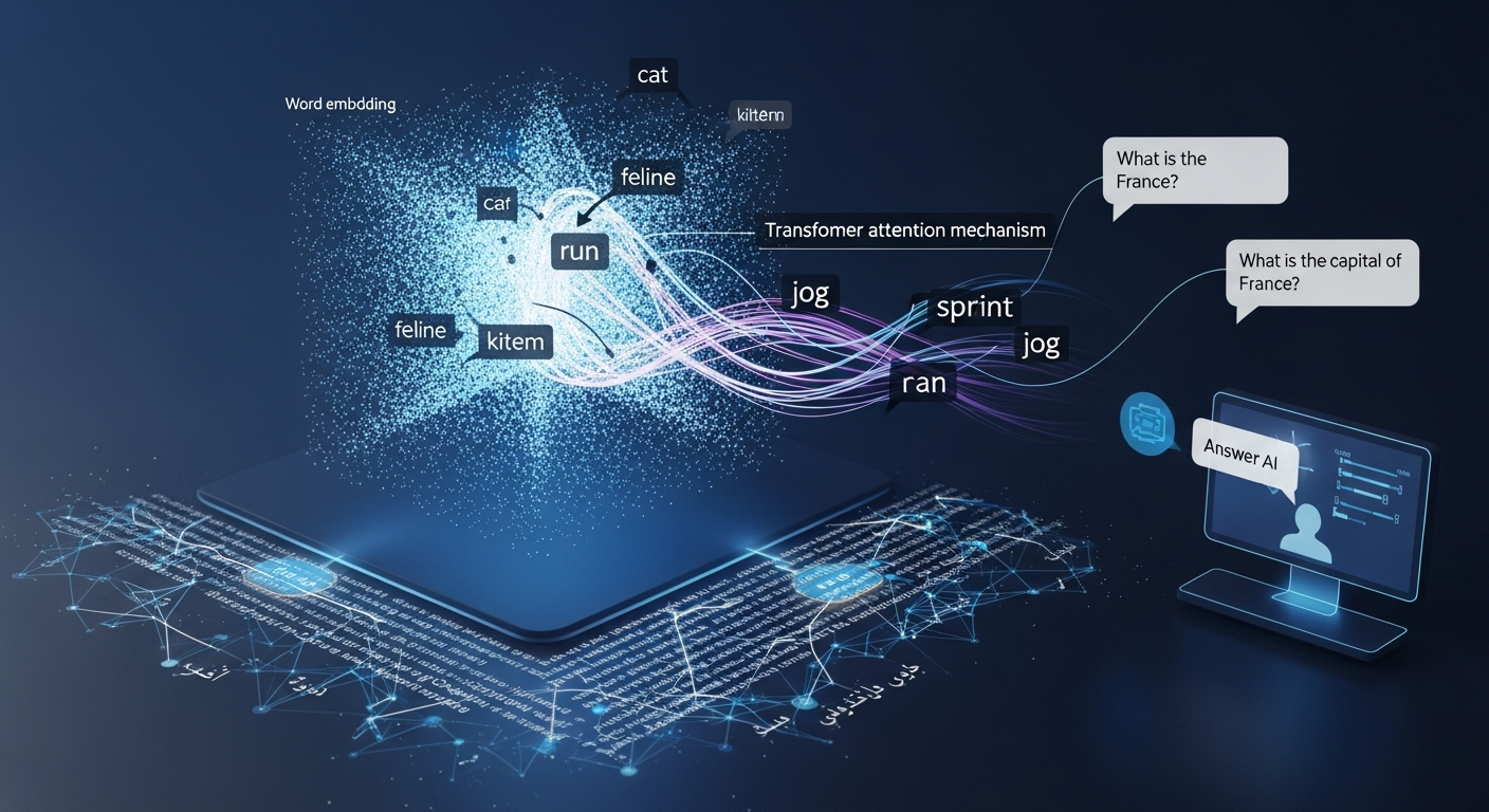 Natural language processing word embeddings in 3D vector space with transformer attention visualization