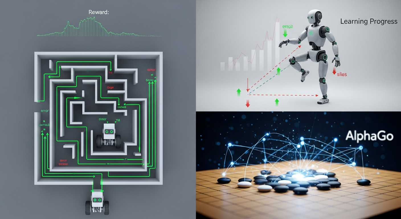 Reinforcement learning agent navigating maze environment, robot learning to walk, reward signal visualization