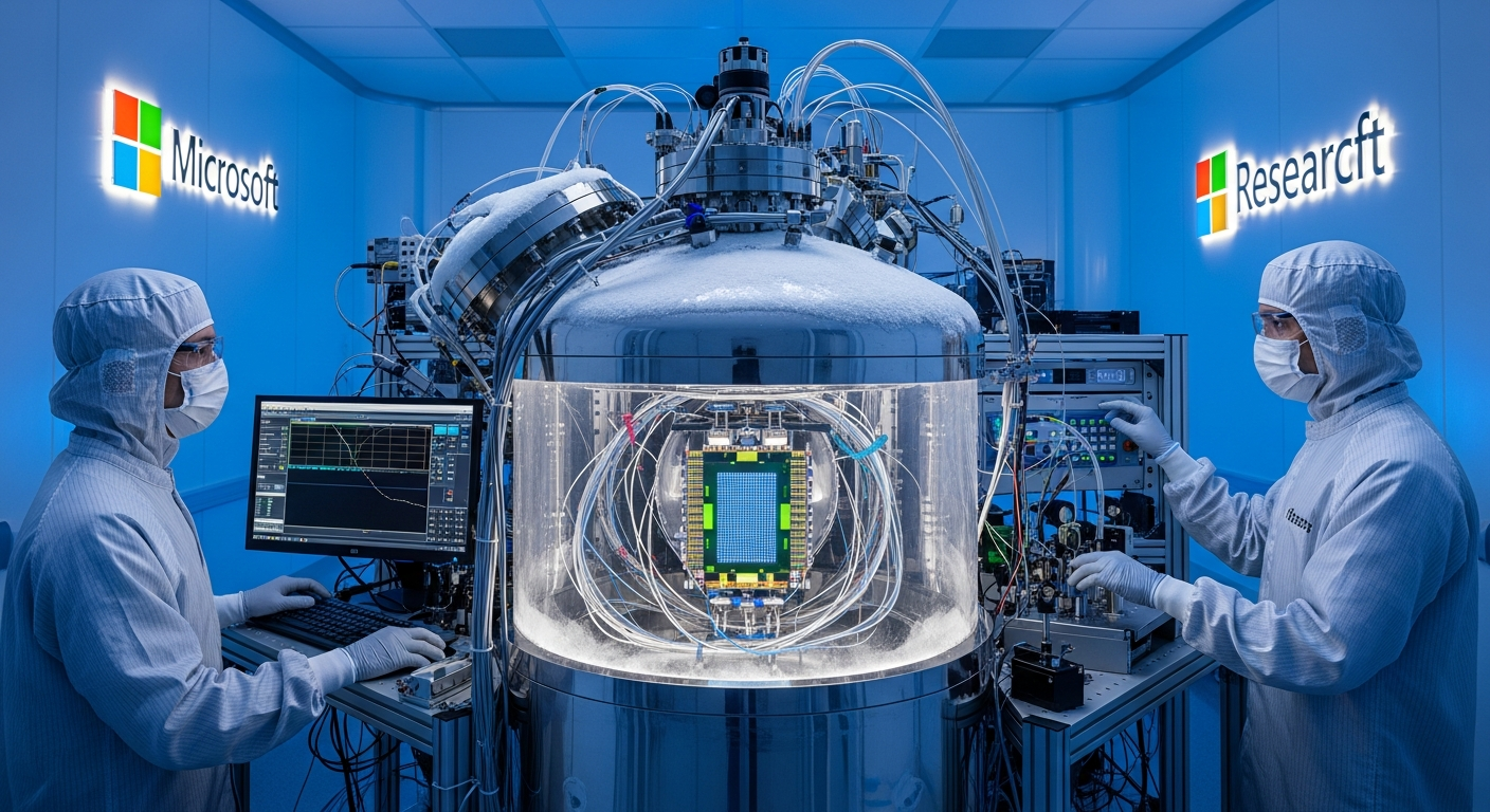Microsoft and Quantinuum engineers next to a cryogenic quantum computing system